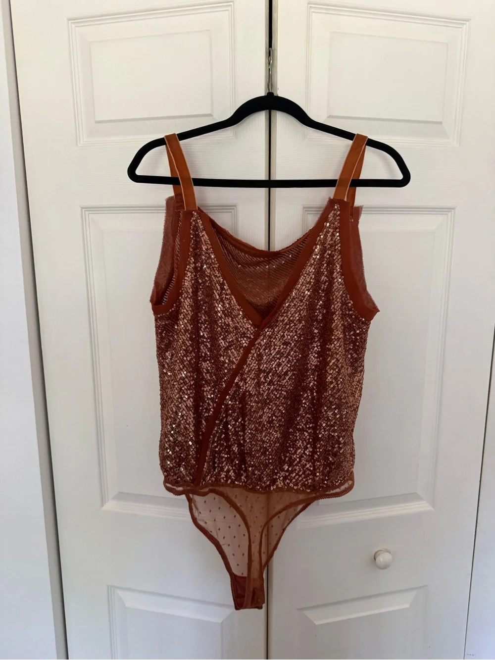 NWT Free People Shimmer & Shine Bodysuit in Sunset Orange Brown Sequins Size XL